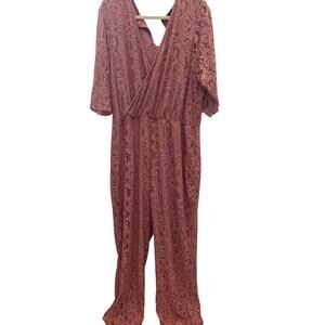 Rouge Collection Jumpsuit Women's Plus Size 4XL Pink Mauve V-Nick Lace Pantsuit
